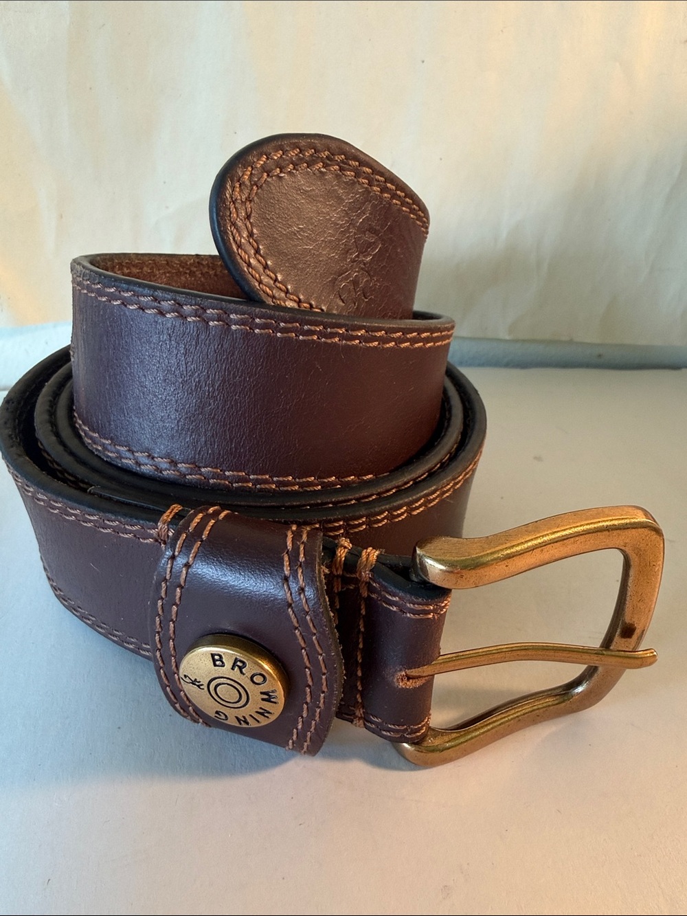 Browning Brown Leather Belt Brass Buckle Contrast Stitching Western Style